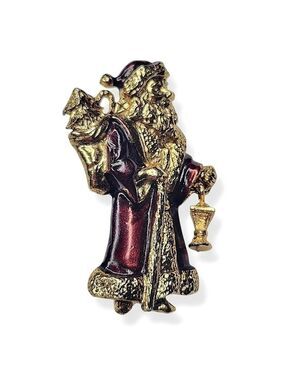 Vintage Signed USA Santa Gold Tone Christmas Articulated Enamel Brooch